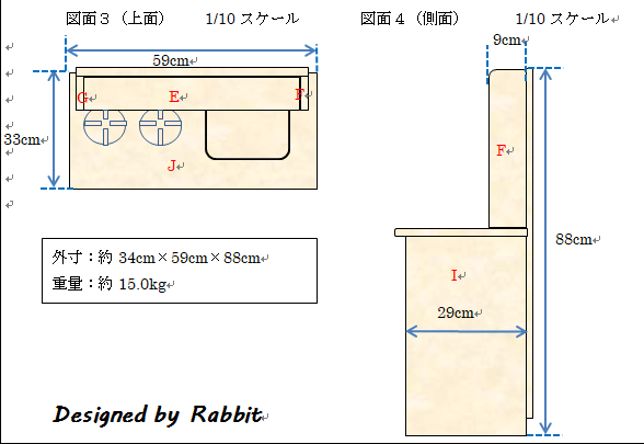 おままごとキッチン設計図２（上面と側面）